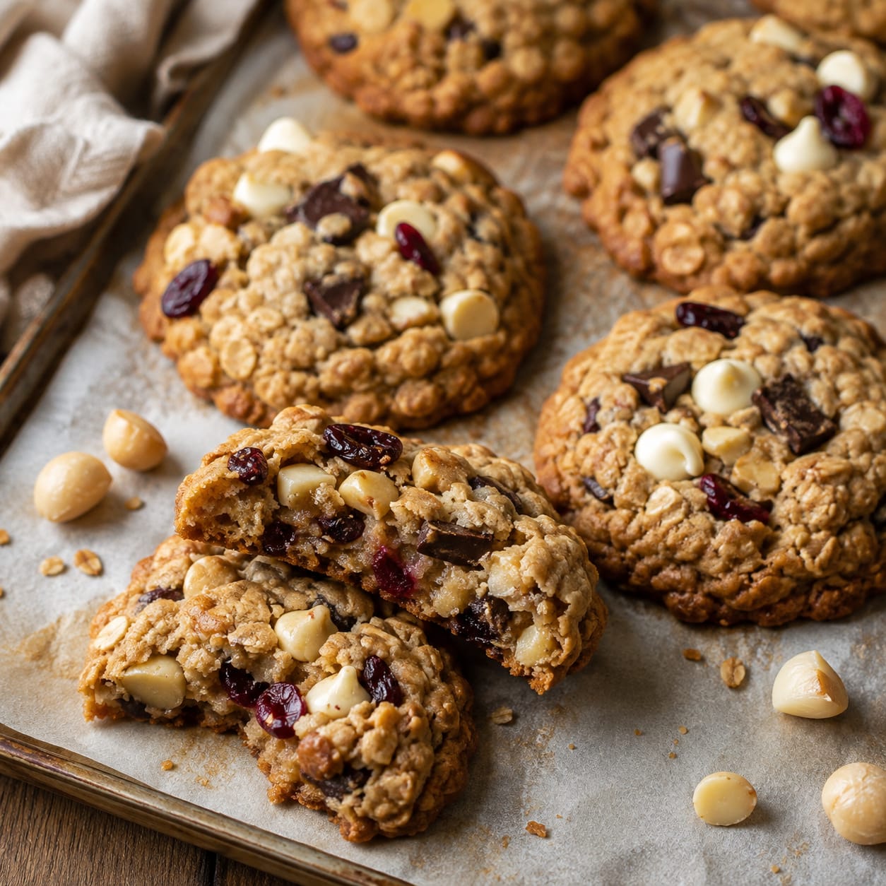 Loaded White Chocolate Macadamia Oatmeal Cookies