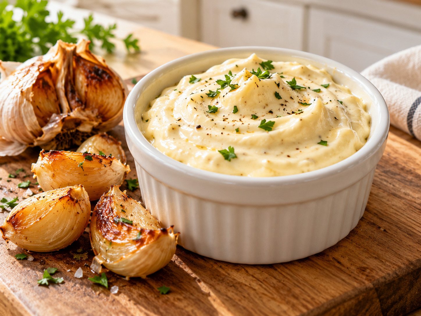 Creamy roasted garlic mayonnaise dip with roasted garlic cloves