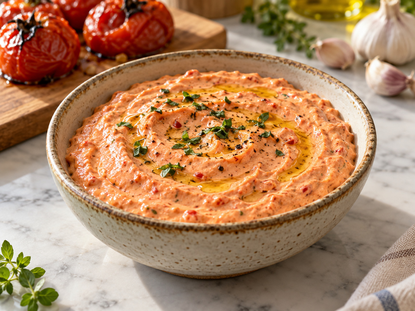 Creamy pink-orange roasted tomato mayonnaise dip