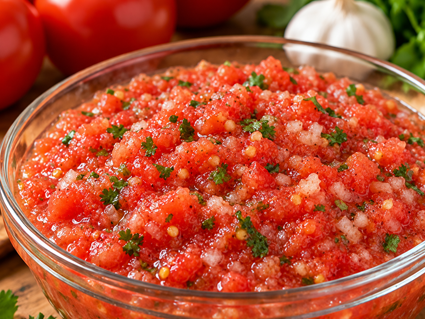 Mostly blended fresh tomato dip with small tomato and onion pieces