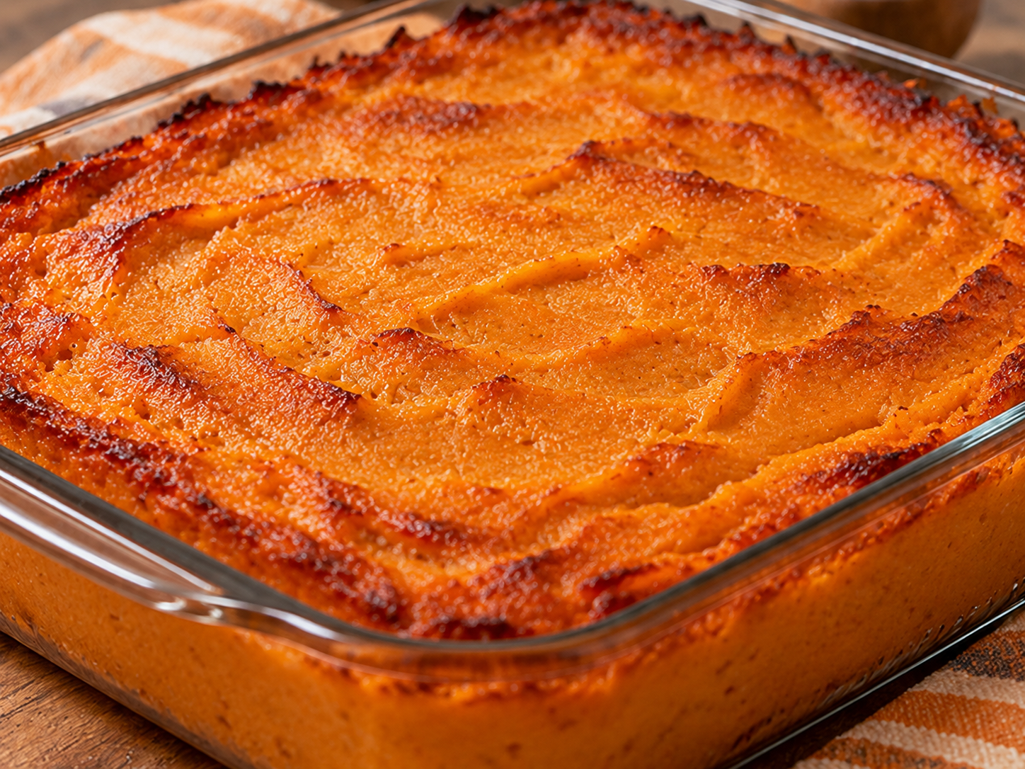 Sweet potato kugel with a soft mashed sweet potato center and lightly browned top