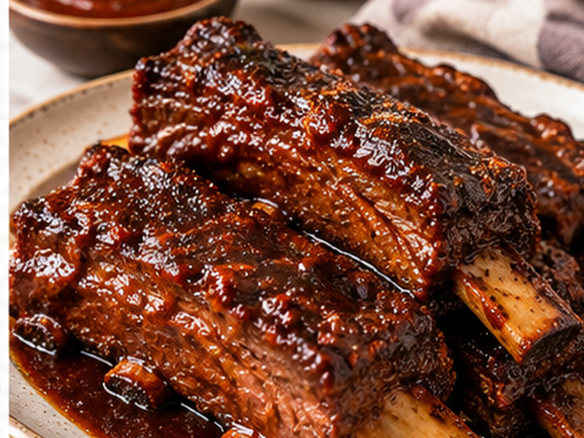 Slow-baked glazed barbecue beef short ribs with visible rib bones