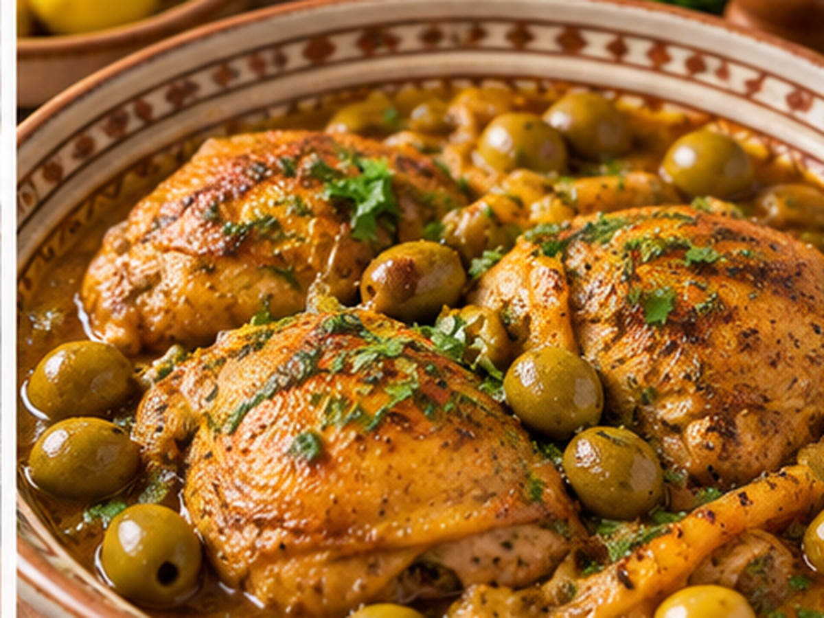 Moroccan spiced chicken with green olives and lemon in a ceramic pan
