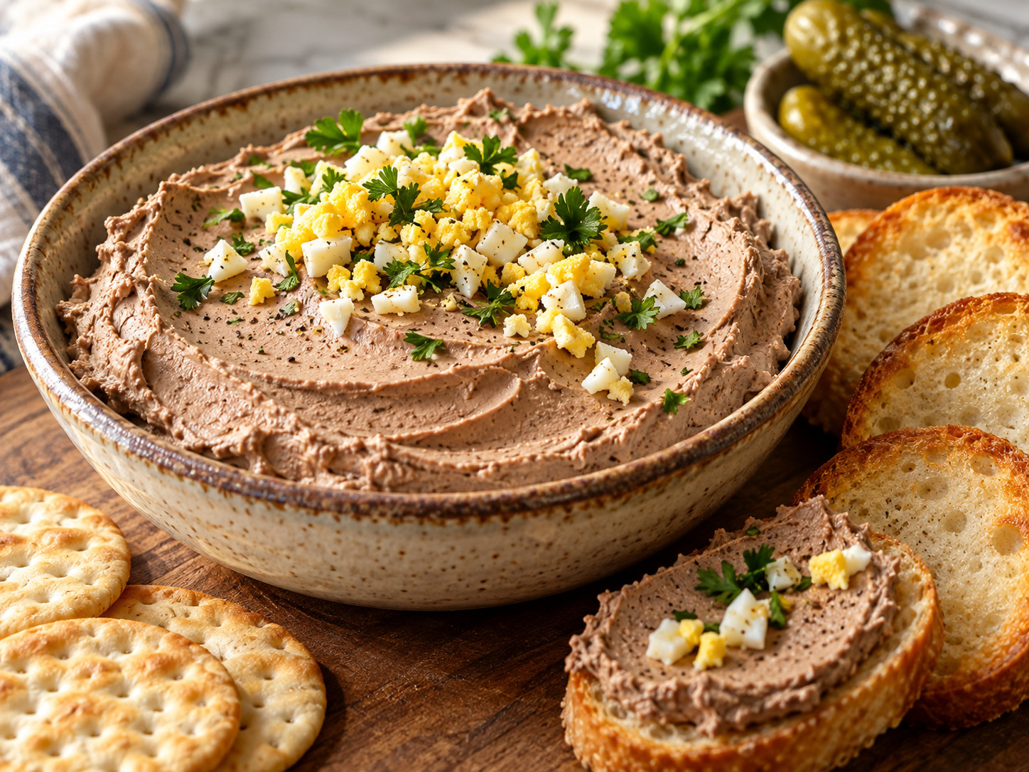 Smooth chopped liver pâté with egg garnish, toast and pickles