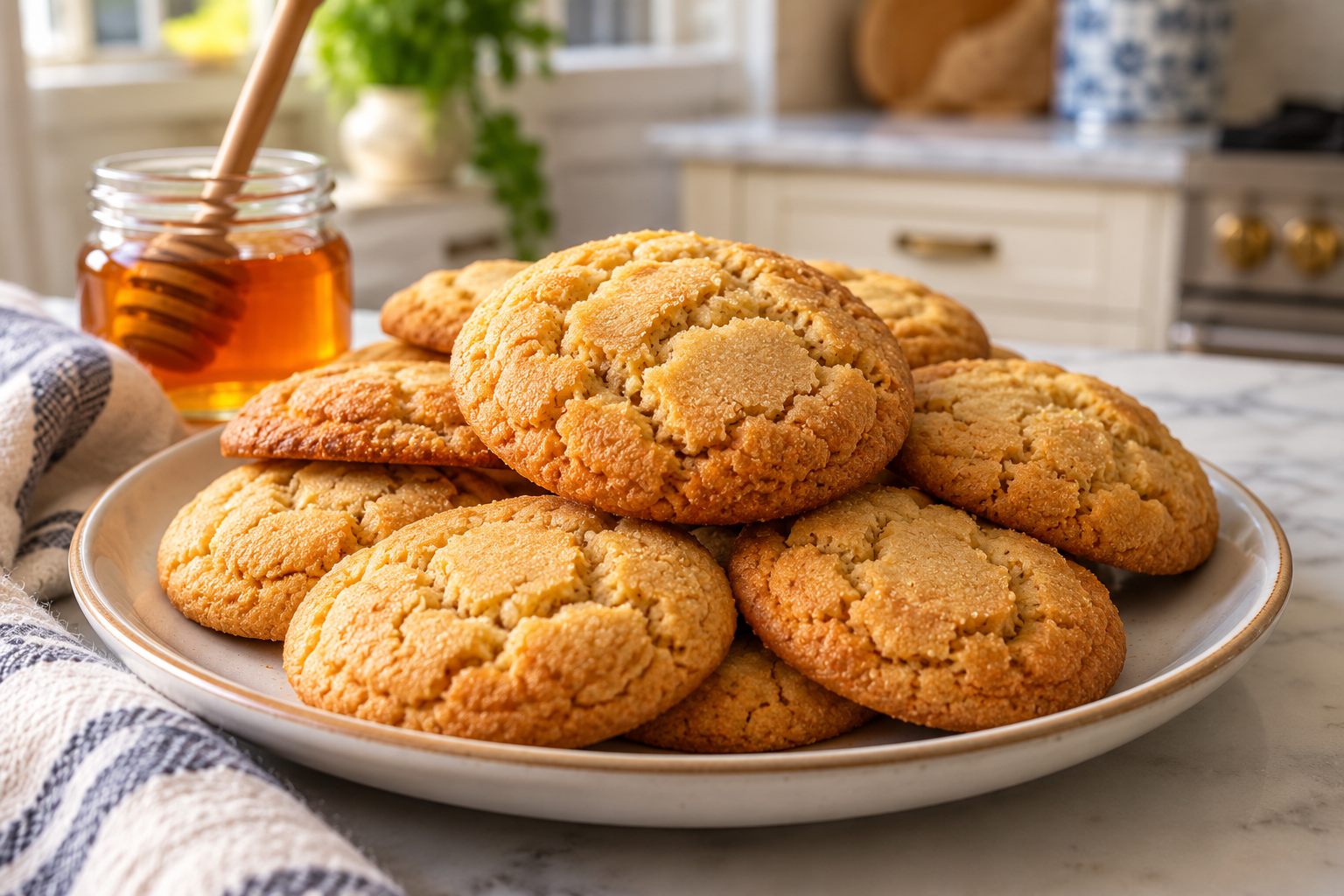 Golden honey cookies with natural cracked tops stacked on a white plate beside a jar of honey in a bright home kitchen