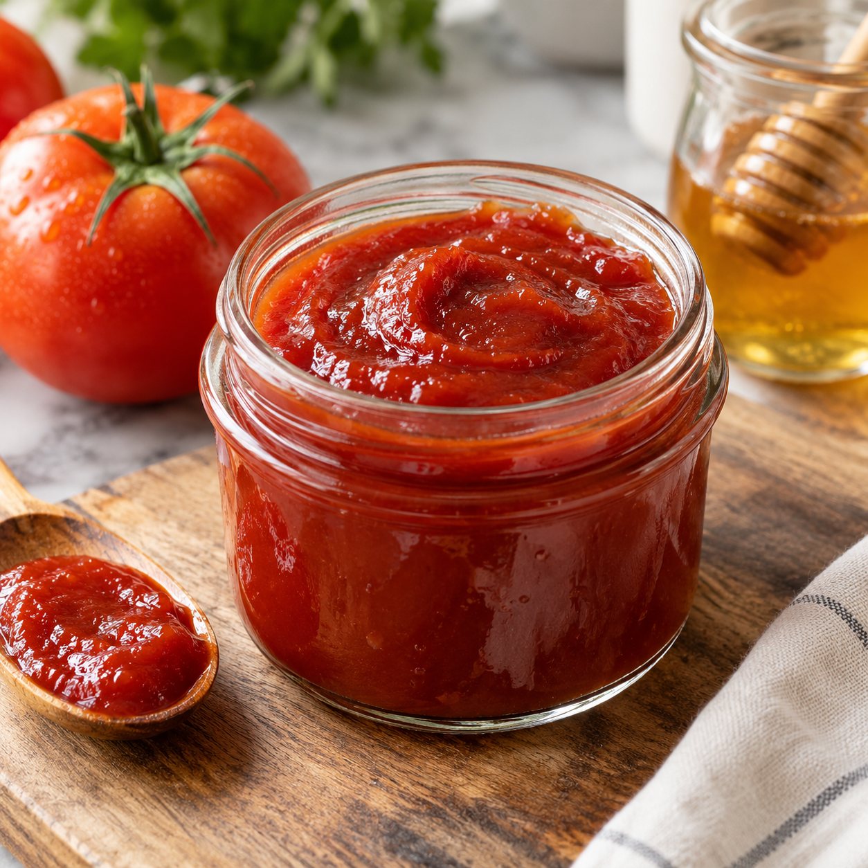 A glass jar of thick red homemade ketchup beside ripe tomatoes and a small honey jar in a bright kitchen
