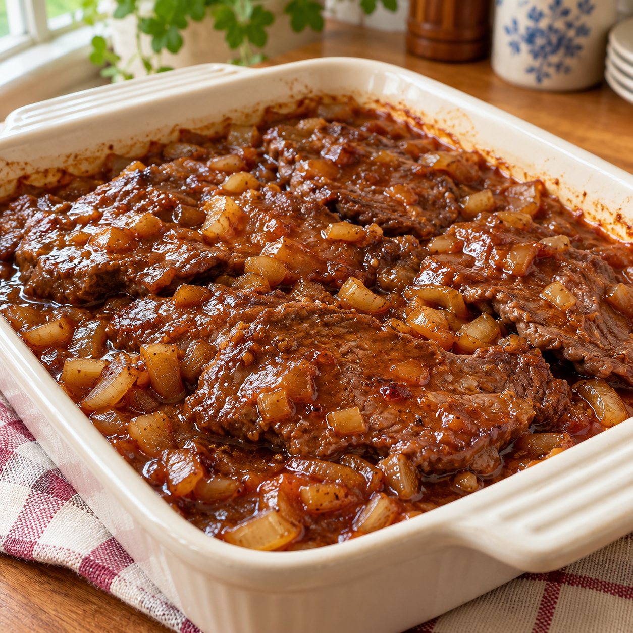 Slices of slowly braised beef brisket covered with caramelized onions and pan gravy in a white baking dish